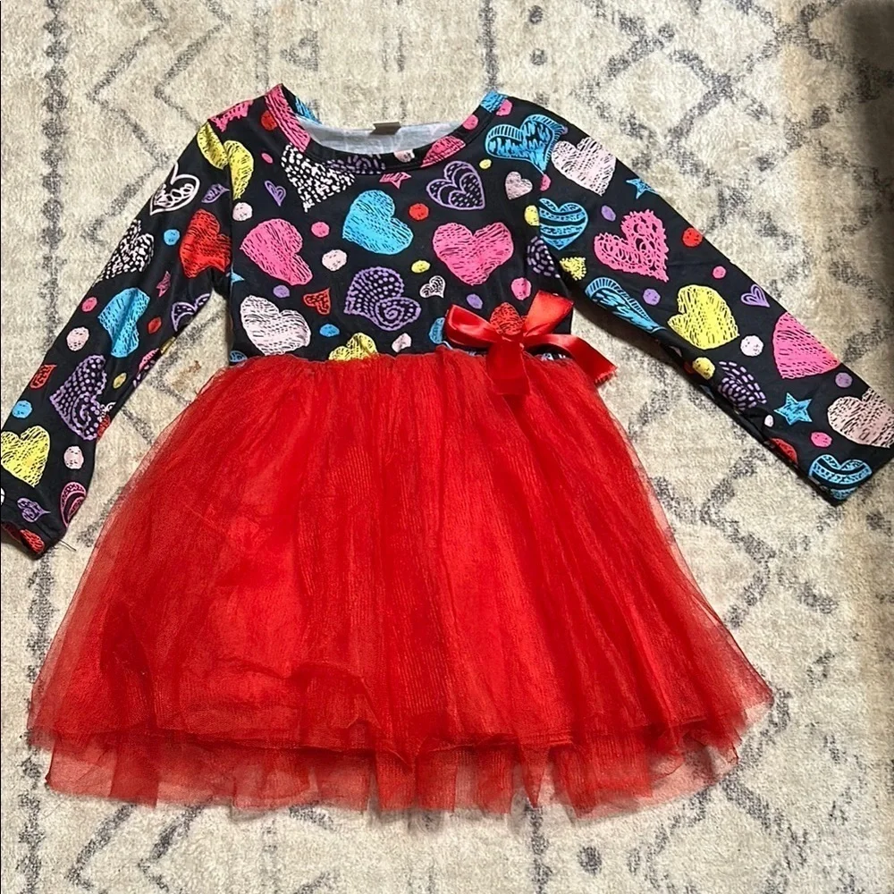 Little Girls Colorful Heart Print Dress with Red Tulle Skirt Size 100